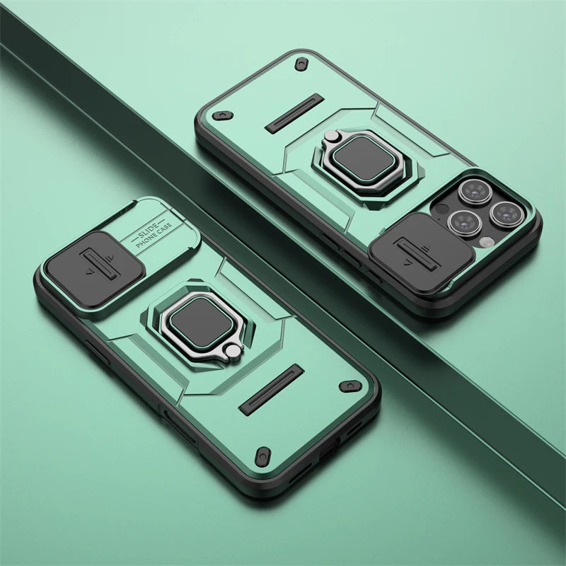 For iPhone 16 Pro Max Case Lens Protection Sliding window Cover For iPhone 16 Pro Max Cover Armor Shockproof Silicone Ring Stand