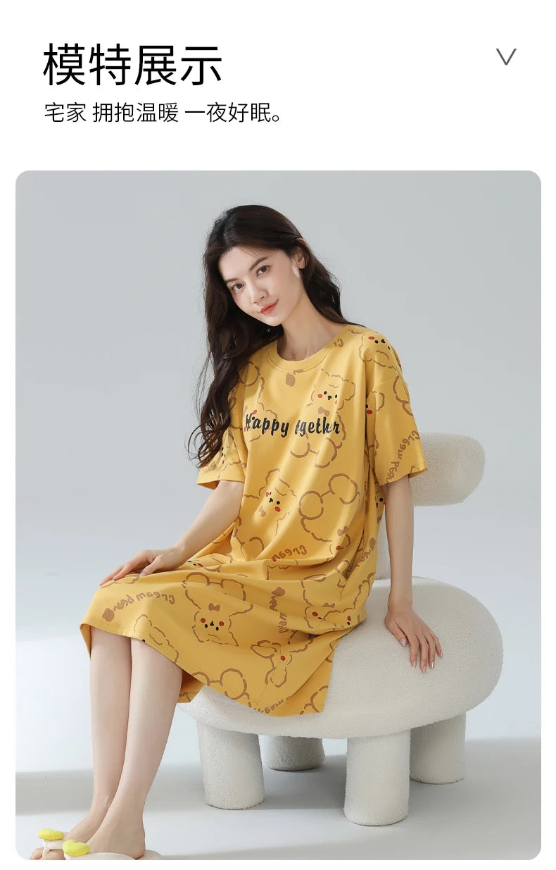 Women’s Cotton Nightgown – Korean Style Cute Print, Summer Short Sleeve Sleepwear Dress