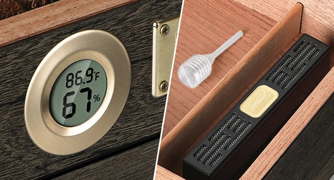 Cigar Humidor, Glass Top Desktop Box with Digital Thermo-Hygrometer, Humidifier, Divider, Accessories Drawer & Combination Lock
