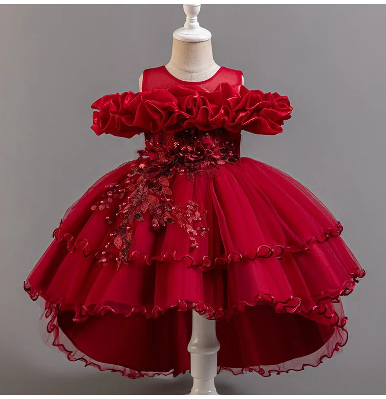 Luxury Off-Shoulder Gown with Train for Girls  Tulle Dress for Fashion Walk Show & Pageants