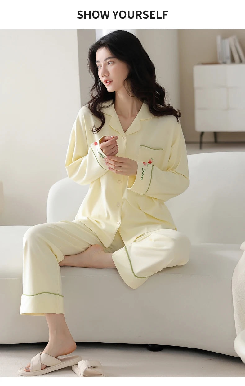 Women’s Winter 100% Cotton Pajama Set – Loose Fit, Turn-Down Collar, Long Sleeves, Cute Pink