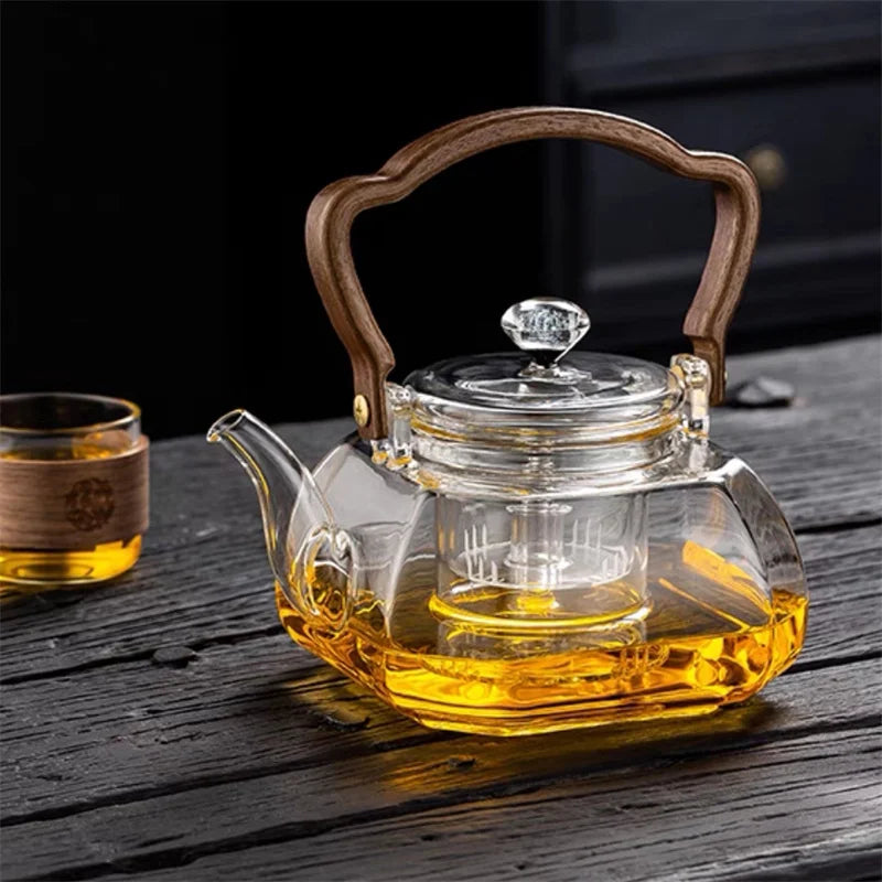 1000ML Octahedral Heat Resistant Glass Teapot Steaming and Boiling Dual-use Lifting Beam Tea Pot Glass Kettle Kung Fu Tea Set