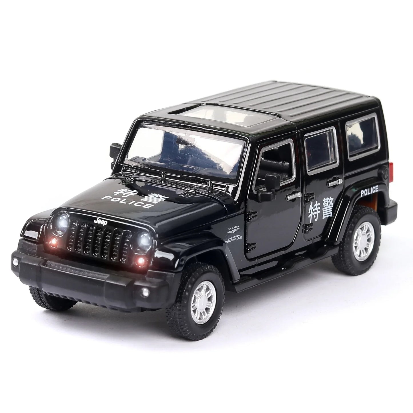 1:32 Wrangler Rubicon Diecast Off-road Vehicle Alloy Model Toys Car Doors Opened with Sound Light Pull Back Police Cars  Gift