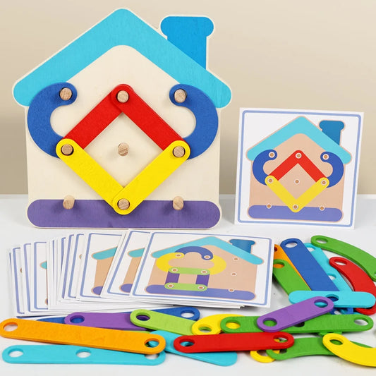 Wooden Geometric Pegboard Construction and Pattern Puzzle Set