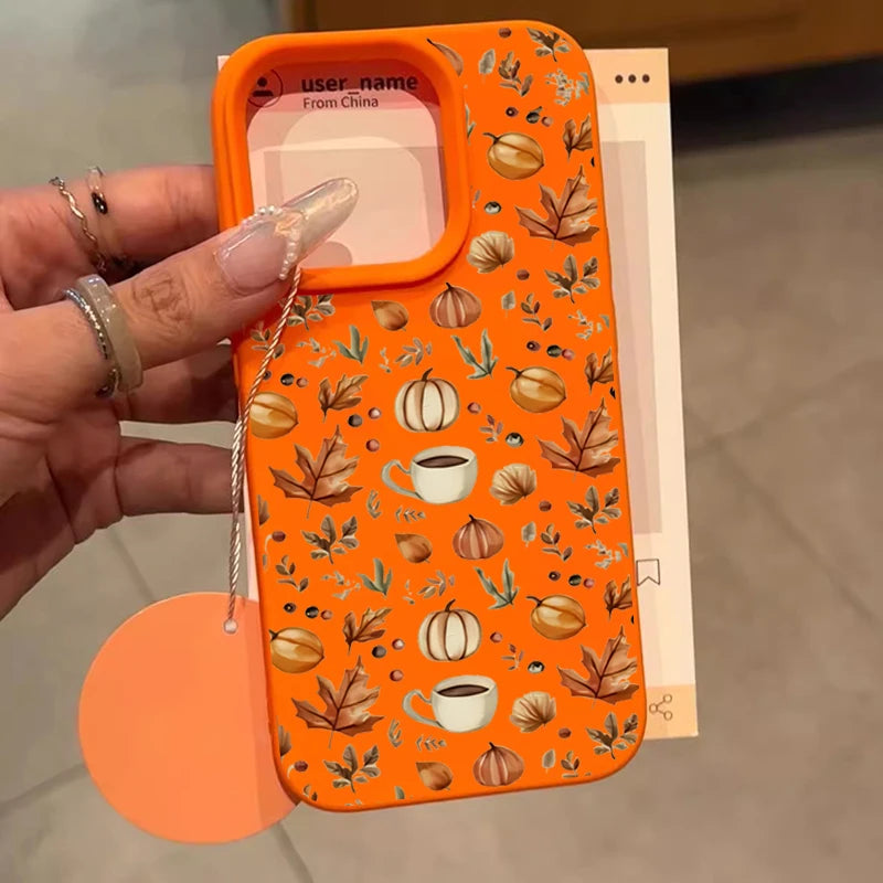 Autumn Pumpkin Coffee Lechee Silicone Phone Case For iPhone 17 16 15 14 1 17 Air Shockproof Cover
