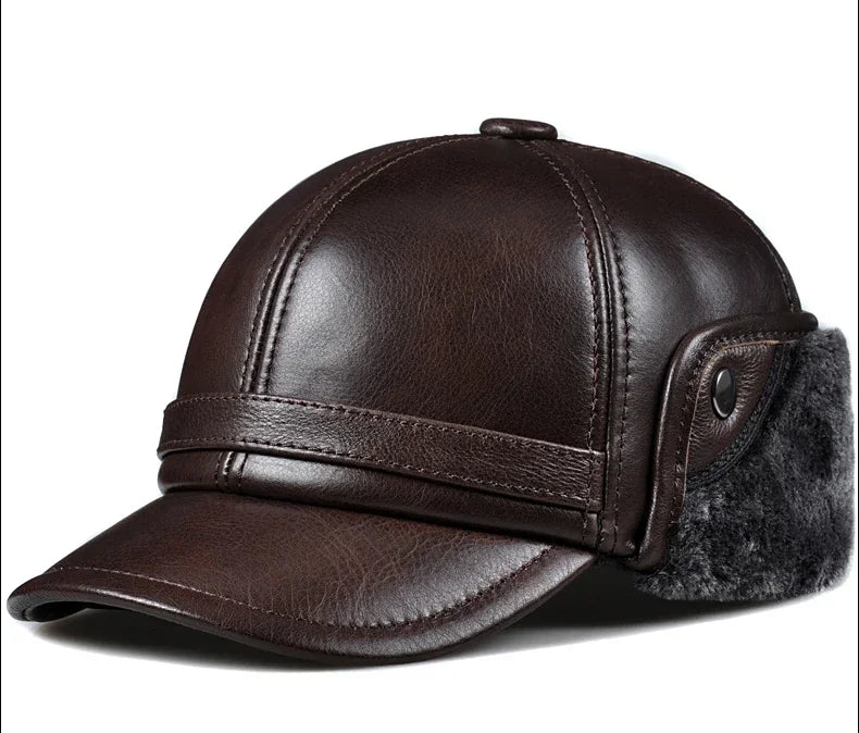 Winter Men's  Hat Thicken Leather Cowhide Baseball Caps With Ears Warm Snapback