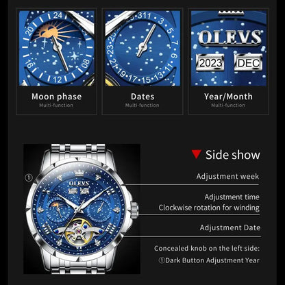 Automatic Watch Starry Sky Tourbillon Design Moon Phase Date Stainless steel Luminous Waterproof Wristwatch