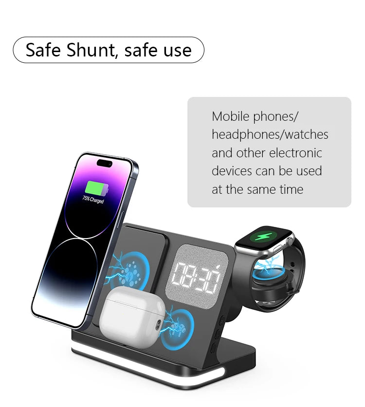 Clock, desktop, mobile phone, headphones, watch, wireless charger, both entertainment and charging not wrong