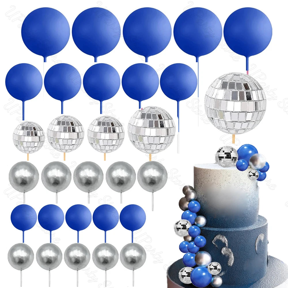 30Pcs Hot Pink Cake Balls Topper  Pink Silver Glitters Disco Balls Cake Toppers for Wedding Disco Birthday Cake Decor Supply