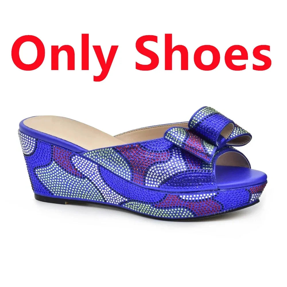 Design Italian Shoes and Bags Matching Set Decorate with Rhinestone Wedges Shoes for Women Luxury Round Toe Platform Shoes