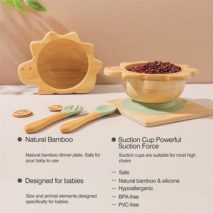 Baby Wooden Tableware Set Sun Bamboo Wooden Plate Bowl Silicone Suction Wooden Handle Fork Spoon for Newborn Feeding Supplies