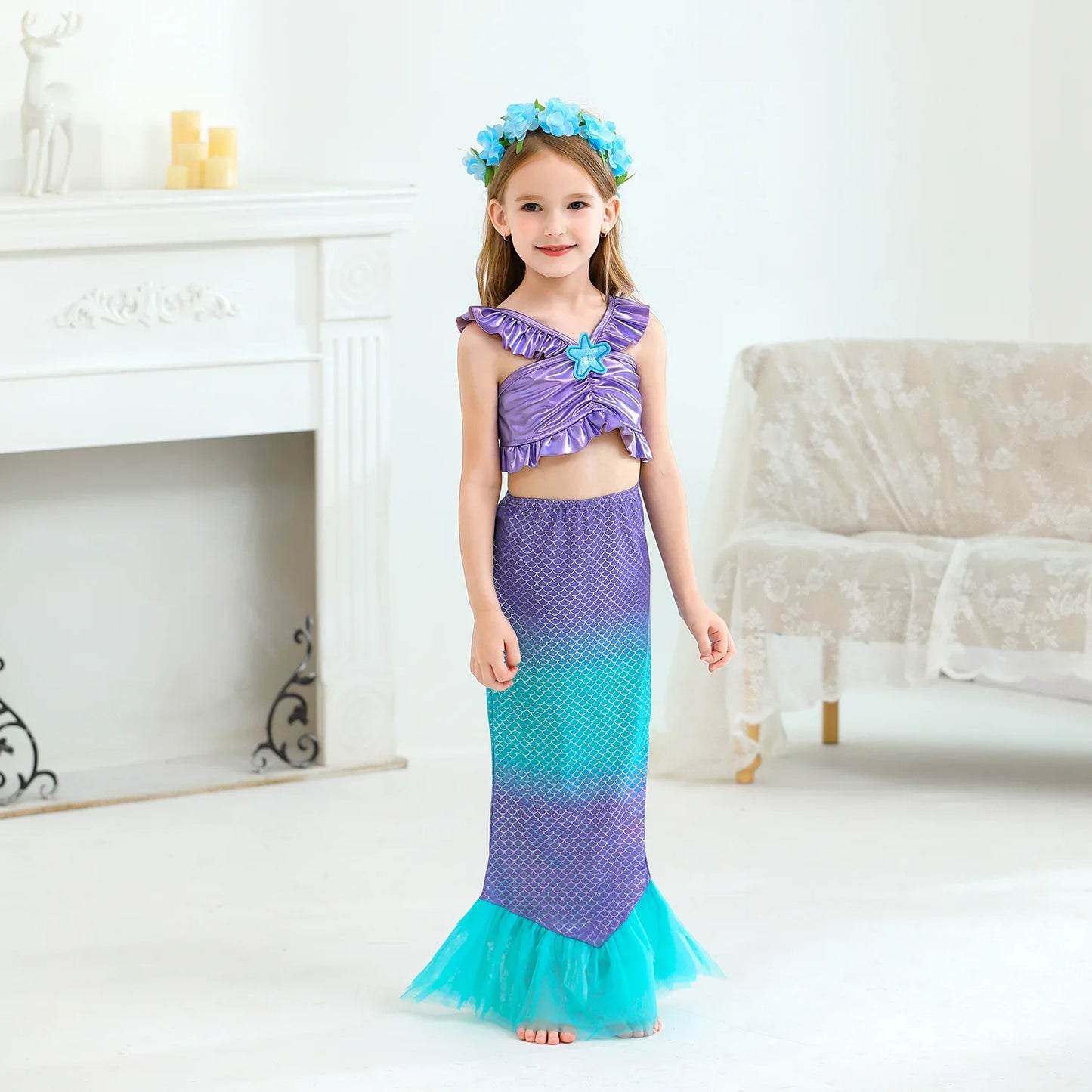 Mermaid Princess Dress Cosplay Party Costume Mid Calf Gown