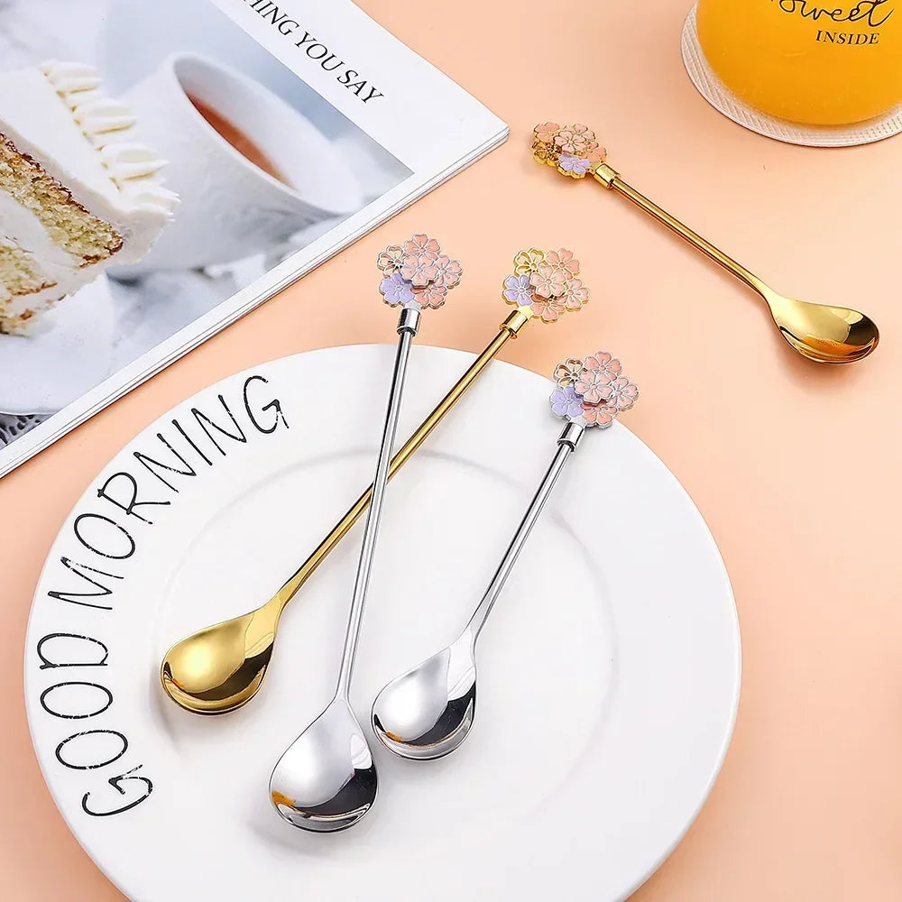 Colorful Cherry Spoons Long Handle Dessert Spoon 304 Stainless Steel Petal Teaspoons Catoon Blossom Star Fish Shape Home Decor