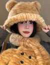 Tiger Printed Hat with Plush Scarf Cap Bear Ears Hat for Cold Weather Travel