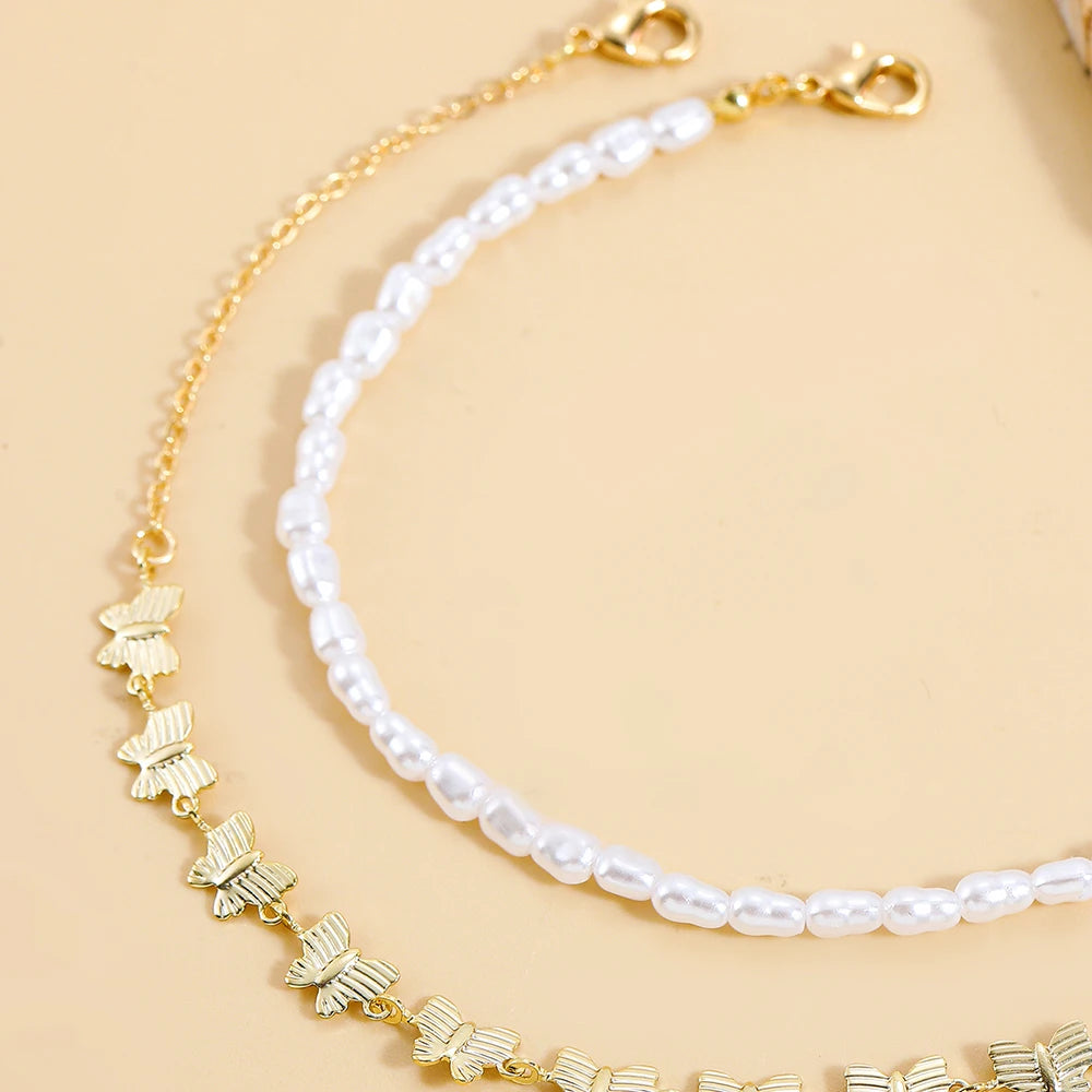 Bohemian Simulated Pearl Chain Anklet Bracelet for Women Double Layer Gold Color Butterfly Anklets