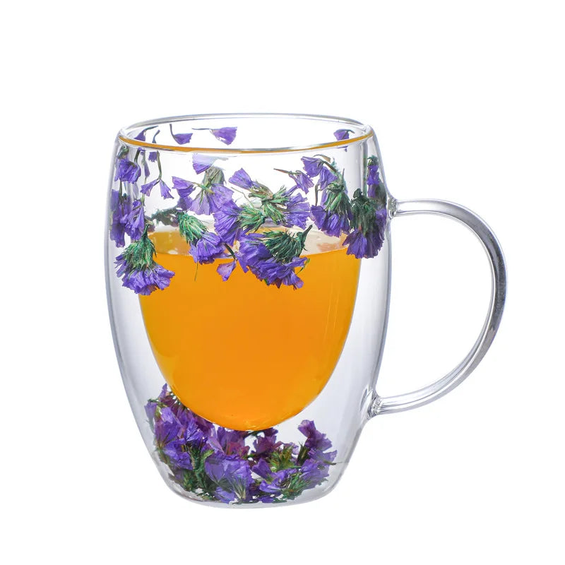 Double Wall Glass Coffee Mugs Double Insulated Glass Cup 350ml Flower Design