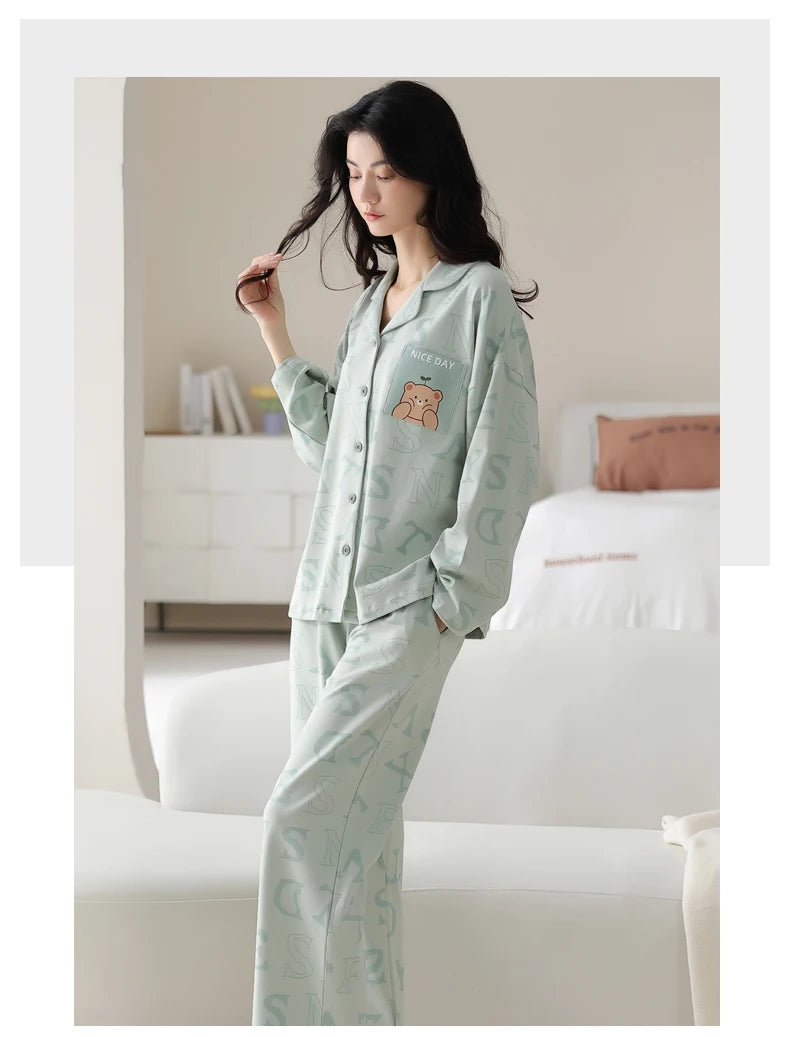 Women’s Winter 100% Cotton Pajama Set – Loose Fit, Turn-Down Collar, Long Sleeves, Cute Pink