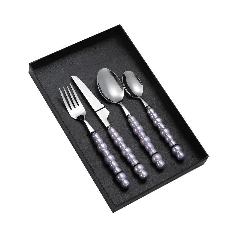 4Pcs Luxury Dinnerware Set Ceramic Pearl Handle Stainless Steel Spoon and Fork Set Western Silver Cutlery High-looking Tableware