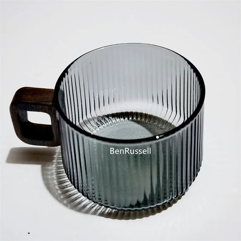 300ml Heat-resistant Stripe American Latte Glass Coffee Mug With Wooden Tray Spoon Milk Tea Cup Fresh Ground Coffee Cup