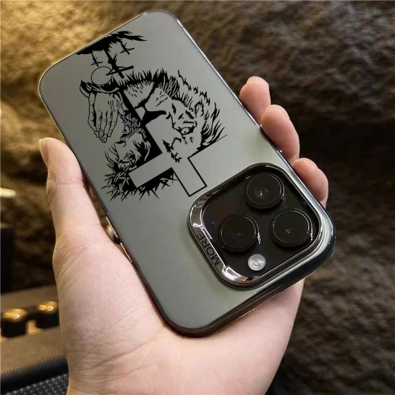 Cross Pattern Bicolor Lion Phone Case For iPhone 14 15 16 Pro Max Shockproof Anti Fall Back Cover