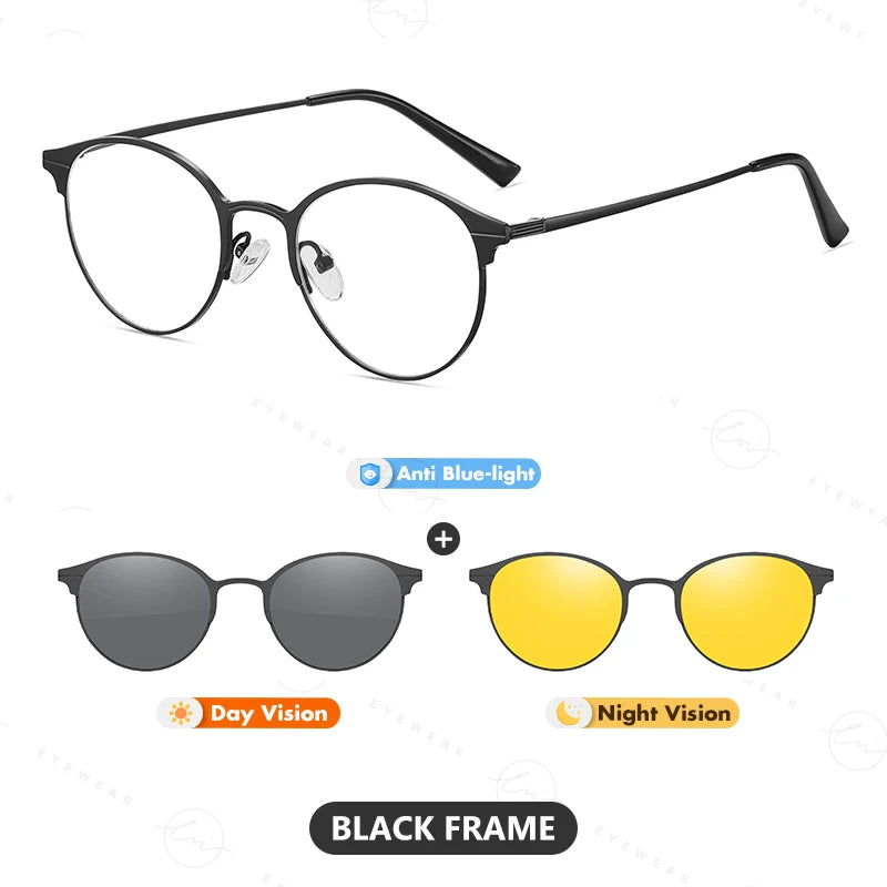 Round Magnetic Clip On Polarized Sunglasses UV400 Anti Blue Light Computer Glasses for Men Women