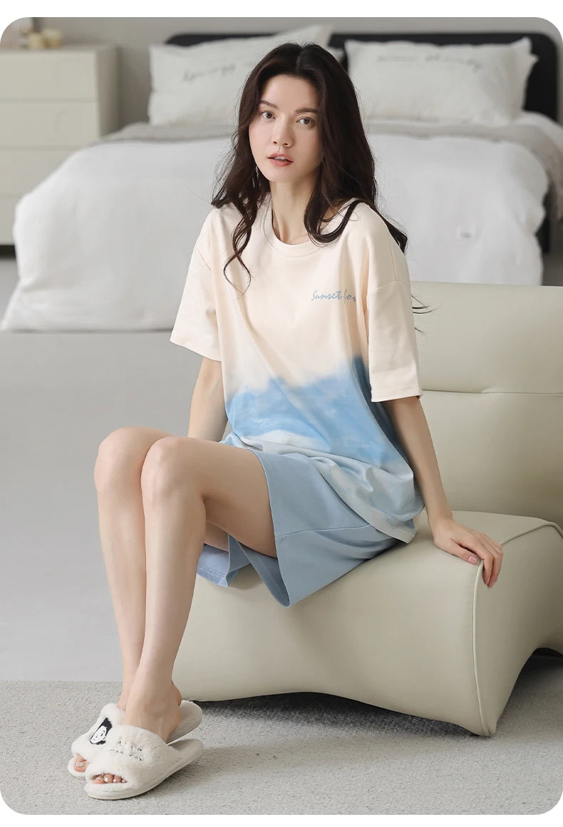 2-Pcs Women’s Cotton Pajama Set – Breathable Short Sleeve Summer Sleepwear with Cute Prints