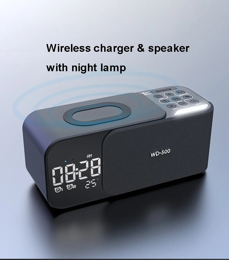 15W wireless charging Dual alarm clock home Bluetooth speaker with night light Bluetooth subwoofer temperature display FM/TF/AUX