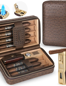 Cigar Humidor Box Cigar Lighter Cedar Wood Lined Leather Cigar Case Built in Hygrometer Humidifier with Cigar Holder Kit