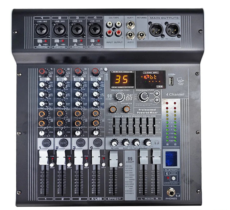 4 Channel DJ Audio Mixer with USB Bluetooth and 99 Effects