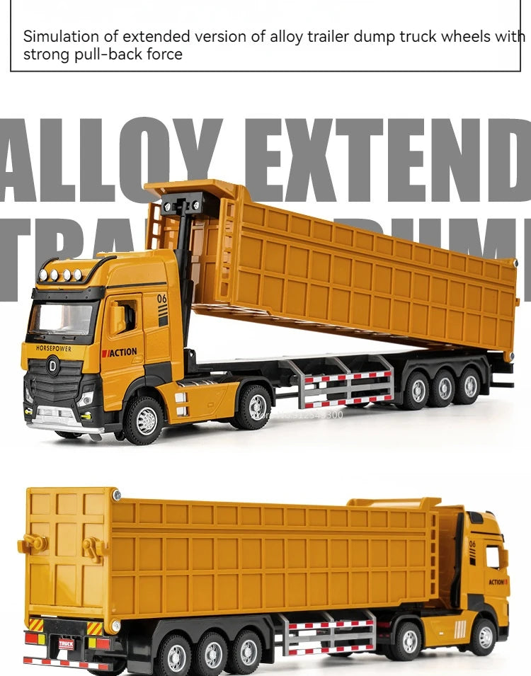1/50 Extended Dump Truck Model Toy Metal Diecasting Doors Opened Sound Light Pull Back Vehicle Models Ornaments 's Gifts