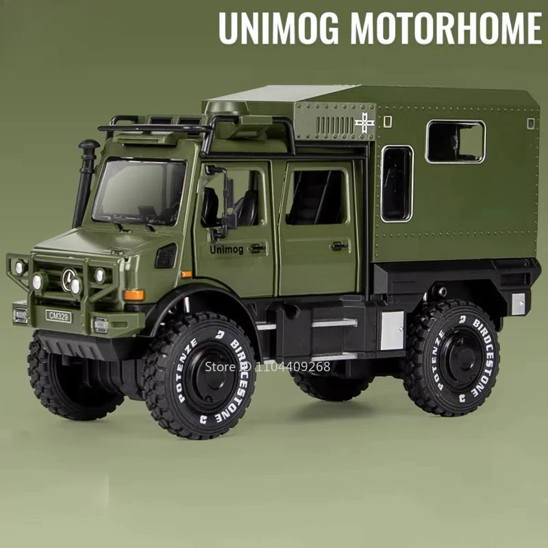 1:28 Scale Unimog U5000 Land Rover Defender Toy Car Model Rubber Tire Alloy Diecast Sound Light Off-Road Vehicle  Toy