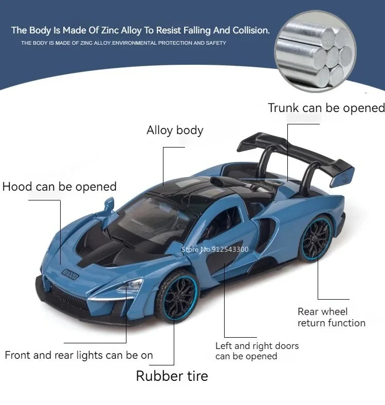 1:32 720S Senna Sports Car Model Toy Doors Opened Metal Die-cast Sound Light Miniature Vehicles Models Boys Collection Gifts