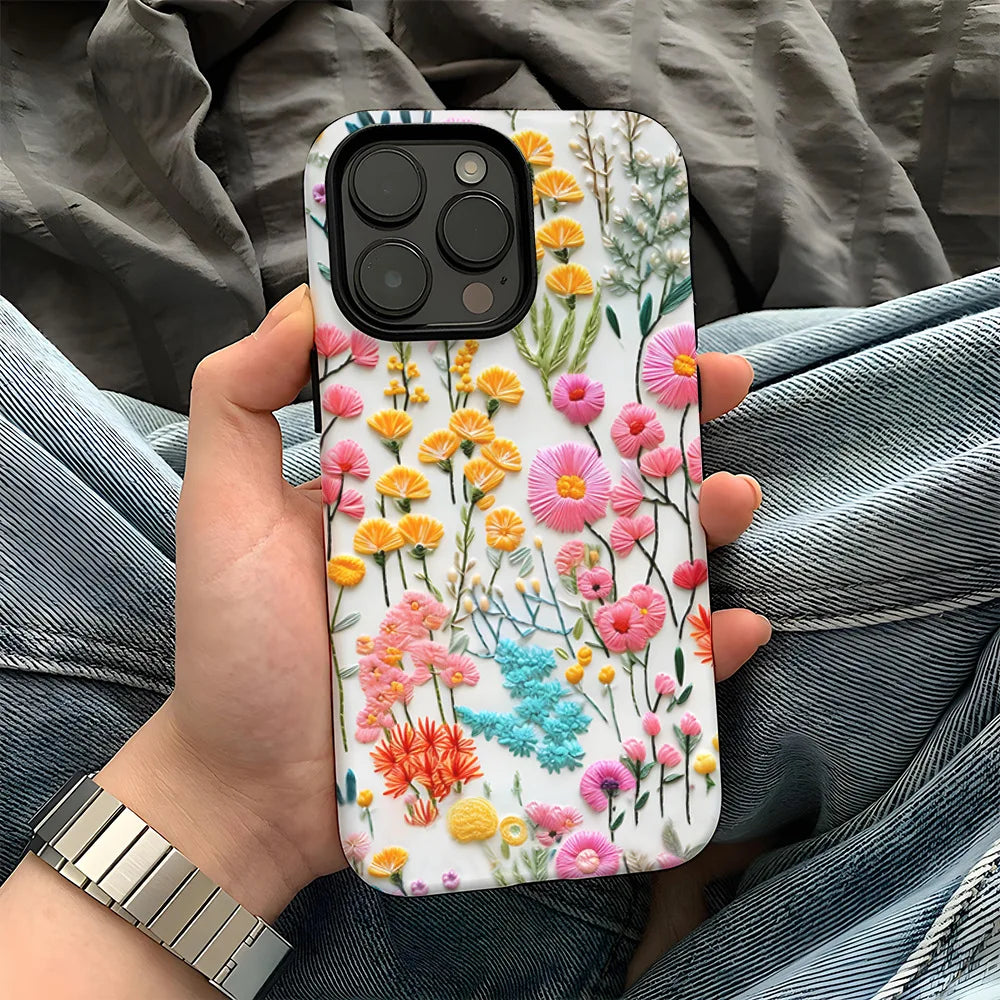 Wildflower Boho Embroidery Effect Flower Case for iPhone 16 15 Pro Max 14 Plus Protective 2 in 1 Double Deck Cover
