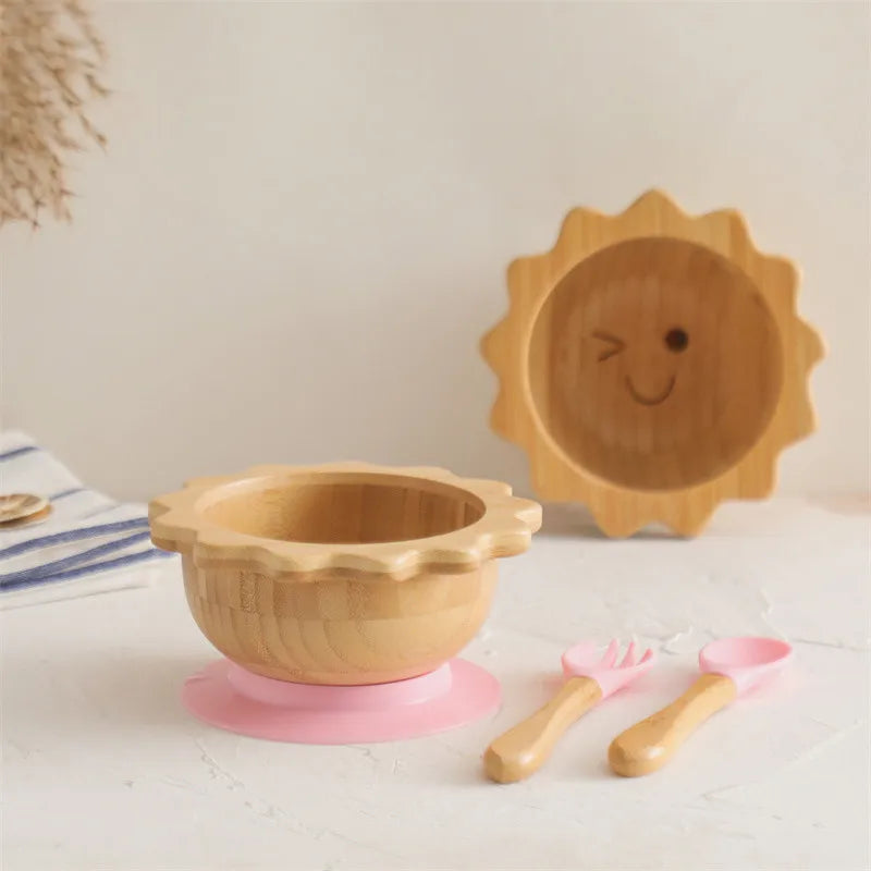 Baby Wooden Tableware Set Sun Bamboo Wooden Plate Bowl Silicone Suction Wooden Handle Fork Spoon for Newborn Feeding Supplies