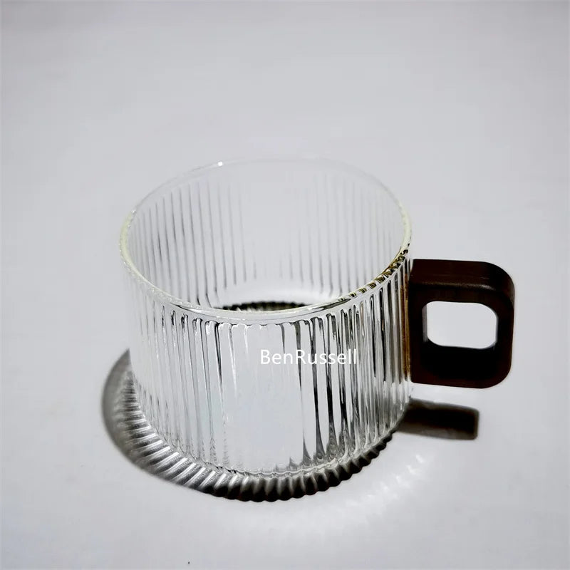 300ml Heat-resistant Stripe American Latte Glass Coffee Mug With Wooden Tray Spoon Milk Tea Cup Fresh Ground Coffee Cup