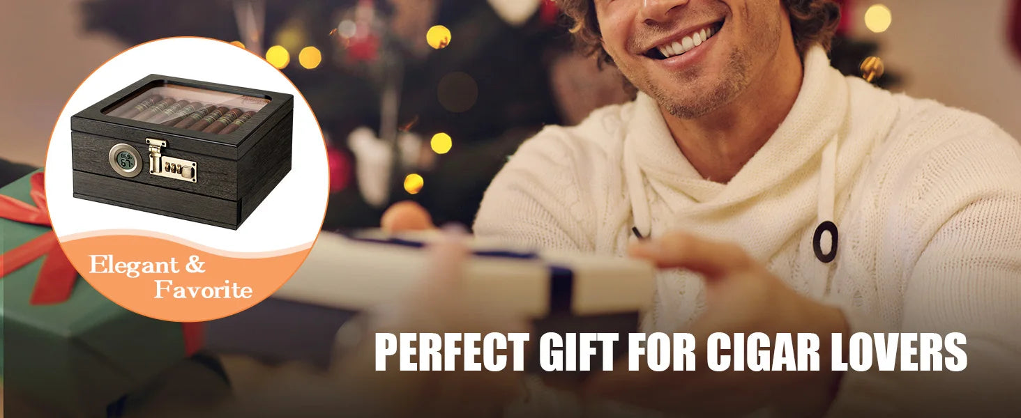 Cigar Humidor, Glass Top Desktop Box with Digital Thermo-Hygrometer, Humidifier, Divider, Accessories Drawer & Combination Lock