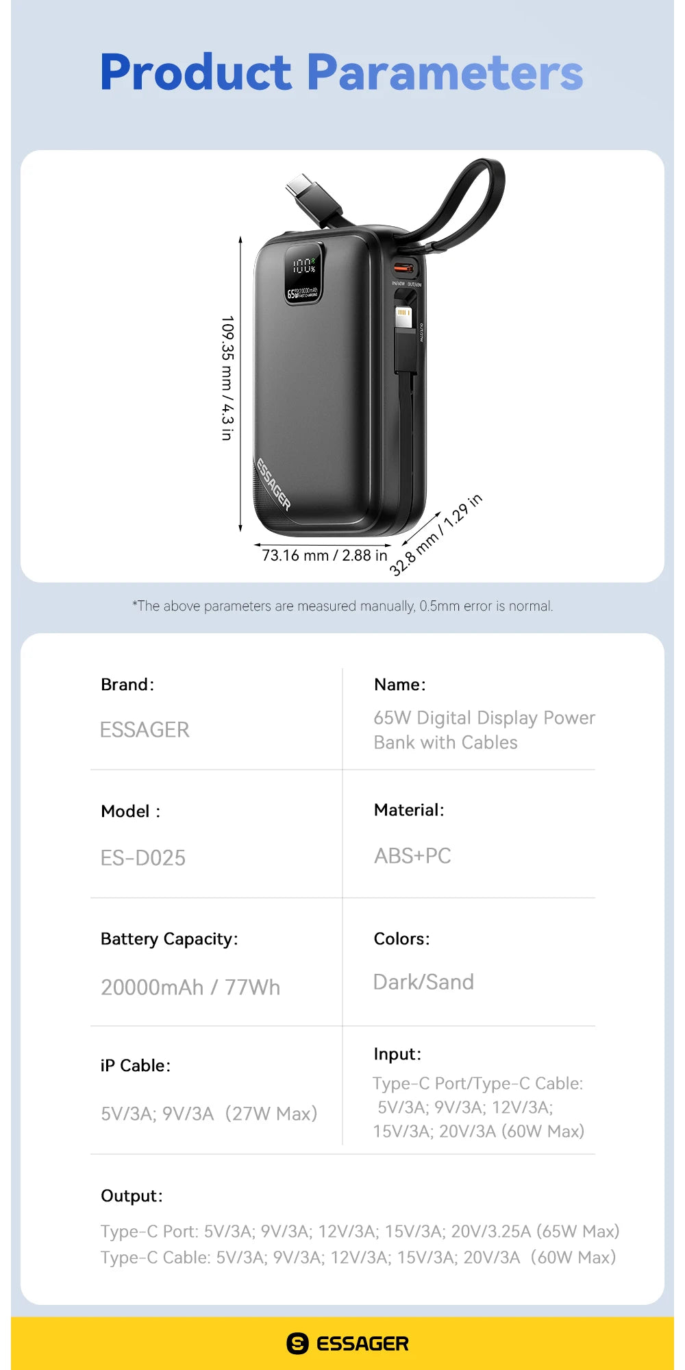 20000mAh 65W Power Bank PD Fast Charging USB-C Portable Charger with Built-in Cables & Digital Display