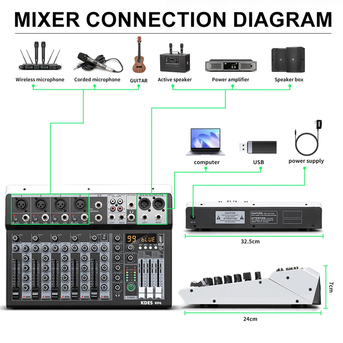 KDES KP6 Audio Mixer 6 Channel 99 DSP Effect Record PC 48V Phantom Power USB Sound Mixers Bluetooth DJ Console Mixing for Karaok