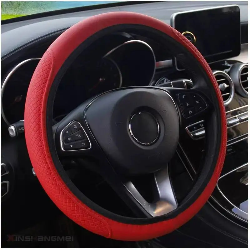 Embossed Leather Car Steering Wheel Cover Anti Slip 37CM 39CM