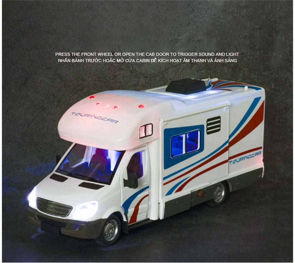 1:32 Alloy Diecast Touring Car Model Toys 3 Doors Opened Sound Light Campervan RV Trailer Vehicles s Toy Gift Collection