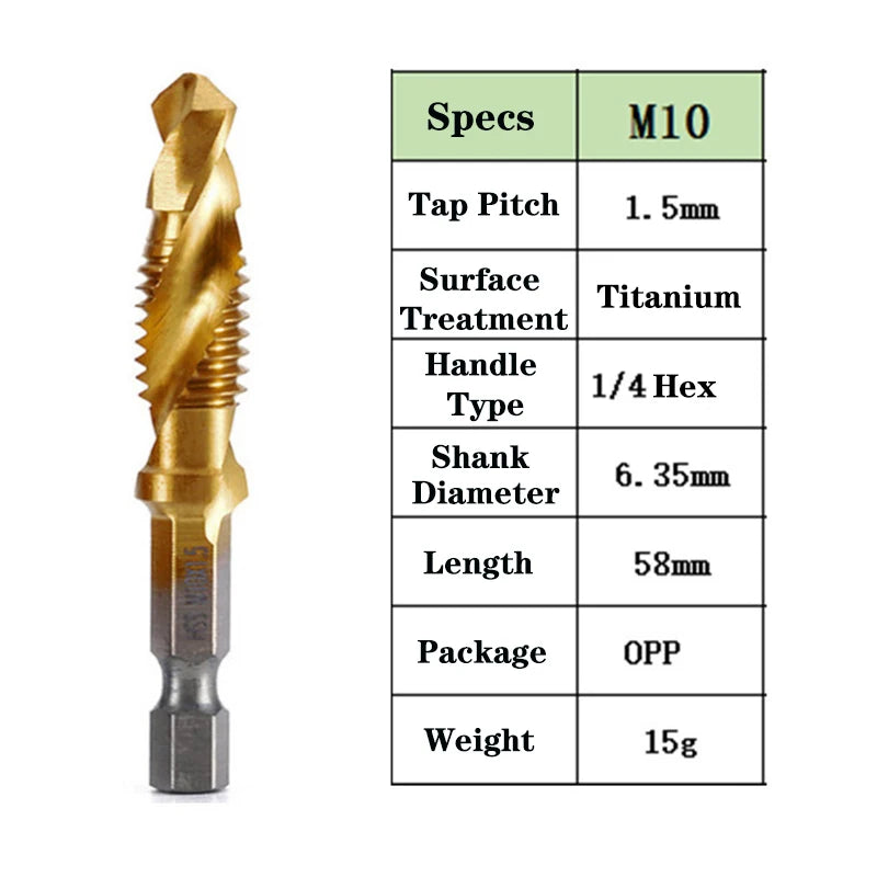 1pcs Hex Shank Titanium Plated HSS Screw Thread Metric Tap Drill Bits Screw Machine Compound Tap M3 M4 M5 M6 M8 M10 Hand Tools