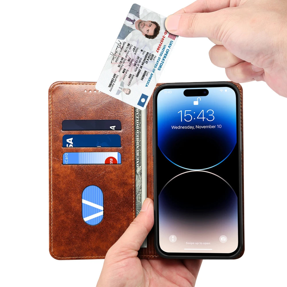 Flip Leather Wallet Phone Case for iPhone 16 15 Pro Max 16E 14 Plus with  Card Slot Holder Cover