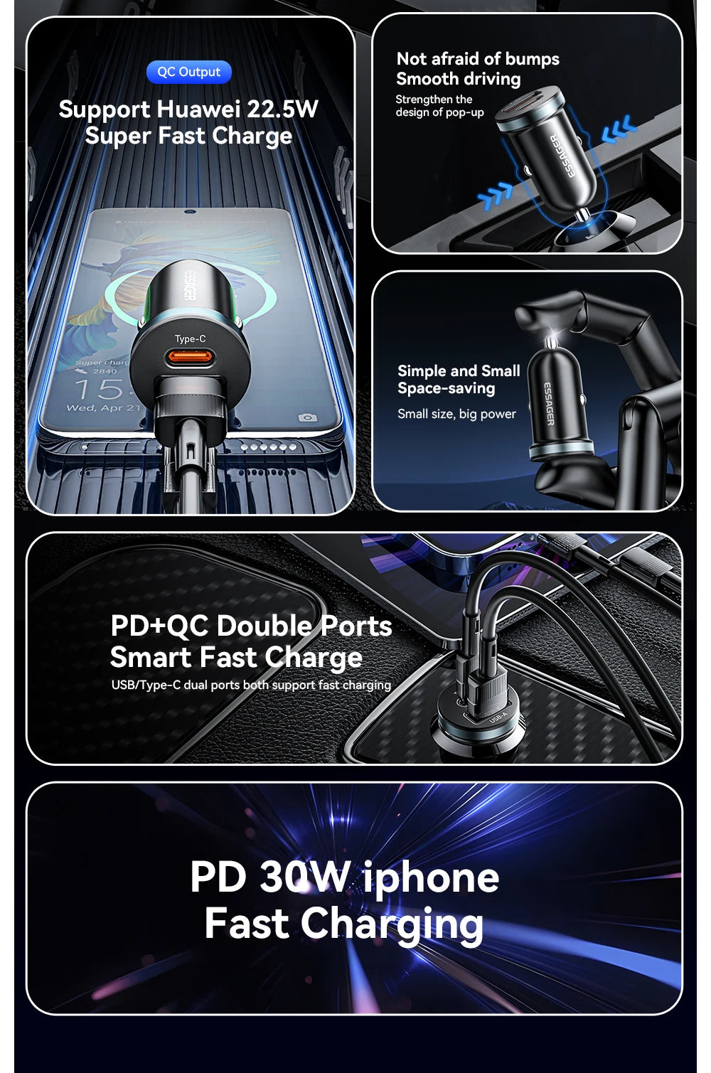 30W USB-C + USB-A Fast Car Charger (PD + QC 3.0)
