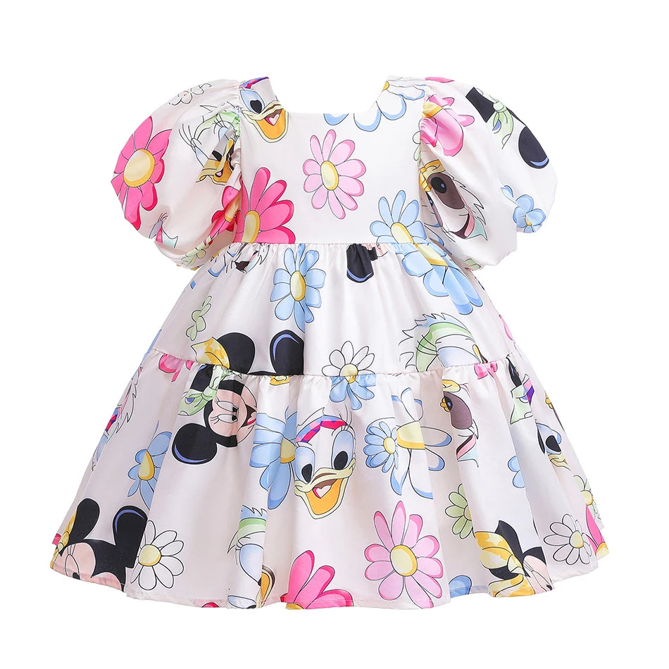 Mickey Mouse Daisy Cartoon Puff Sleeve Clothes Summer Baby Girl Casual Dress Girls Backless Cute Princess Dresses