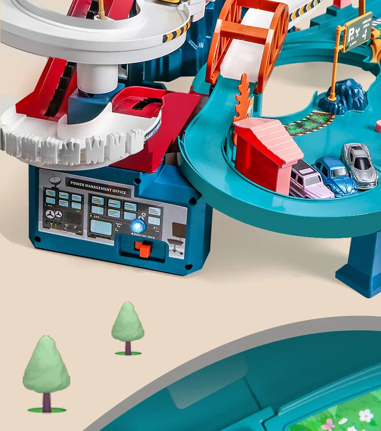 Electric Rail Car Dinosaur Building Parking Lot Adventure Racing Rail Car Toys Brain Mechanical Interactive Rail Cars