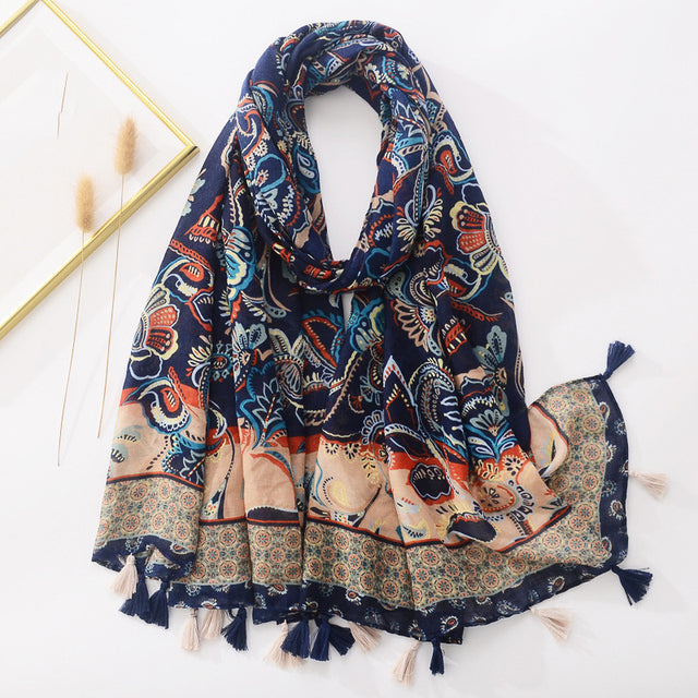 Spring Scarf Pink Blue Floral Paisley Printed Scarves Women Lady Girl Cotton Linen Bohemian Scarf For Summer Beach Shawl Bandana