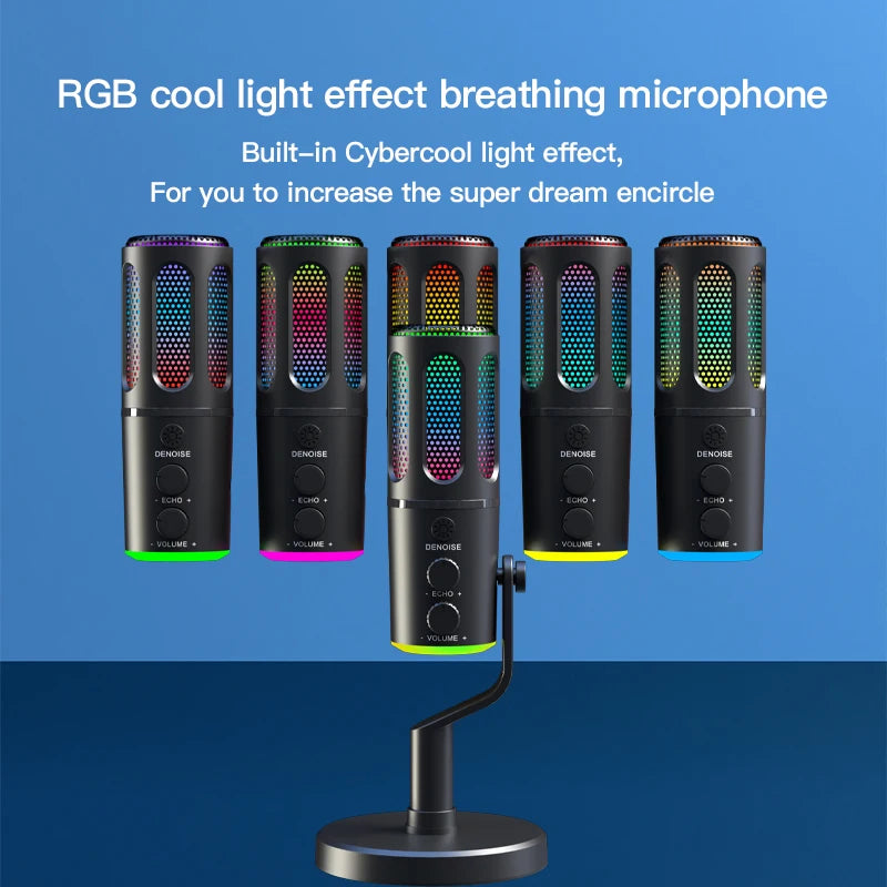 USB condenser microphone with RGB light, DSPnoise reduction, independent monitoring, used for media recording and live streaming