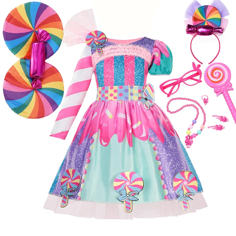 Girls Purim Festival Lollipop Costume Children Puff Sleeve Candy Costume Kids Sweet Lollipop Print Birthday Party Dresses