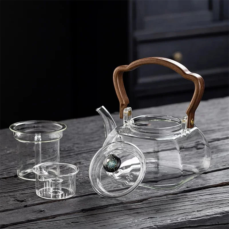 1000ML Octahedral Heat Resistant Glass Teapot Steaming and Boiling Dual-use Lifting Beam Tea Pot Glass Kettle Kung Fu Tea Set