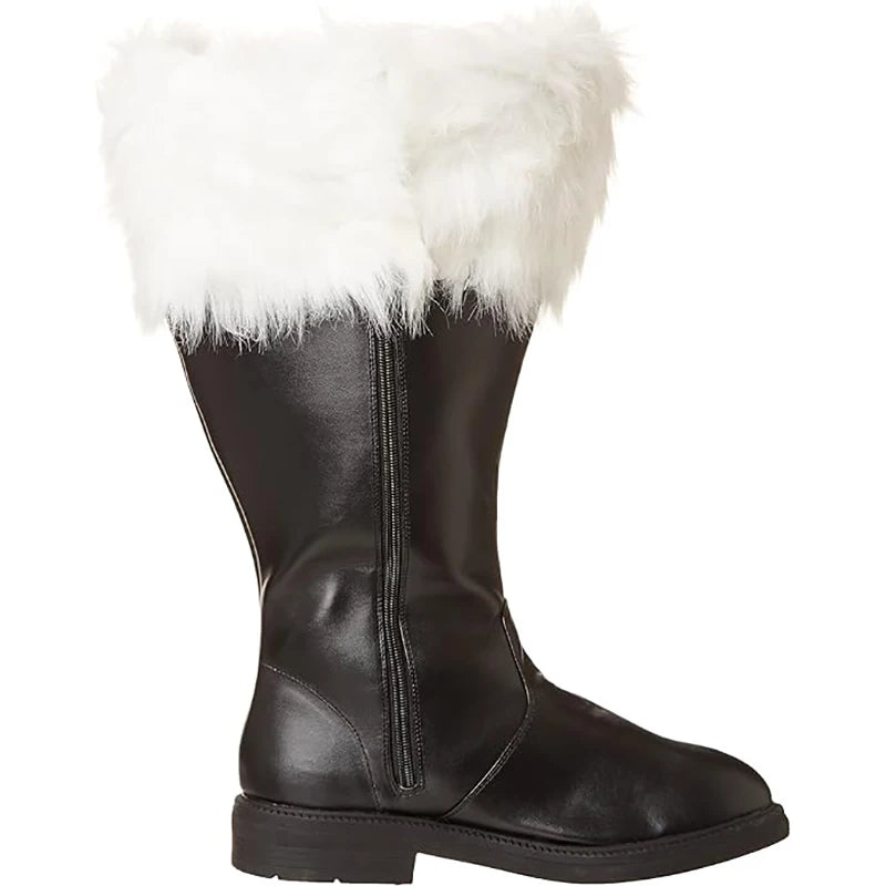 Christmas Santa Claus Boots Cosplay Black Leather Shoes White Plush Cuff Shoes Halloween Christmas Suitable For Men And Women